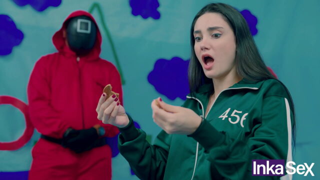 SQUID GAME - Brazilian Victoria Carmargo breaks the cookie in the squid game and gets her meaty pink pussy fucked